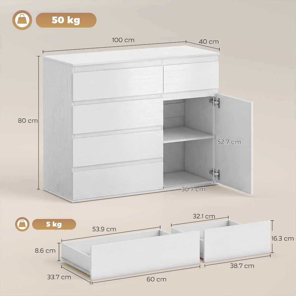 image 1 of HOMCOM Sideboard Storage Cabinet, Kitchen Cupboard with 5 Drawers | White | White embossed
