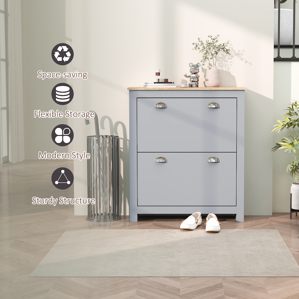 image 1 of HOMCOM 2 Drawer Shoe Cabinet Narrow Shoe Cupboard with Flip Doors, Grey | Grey | Grey
