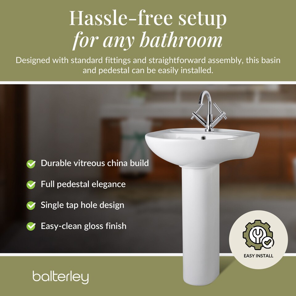 image 1 of Balterley Adley Round 1 Tap Hole Ceramic Basin with Full Pedestal Bathroom Sink Tap Not Included | White | White