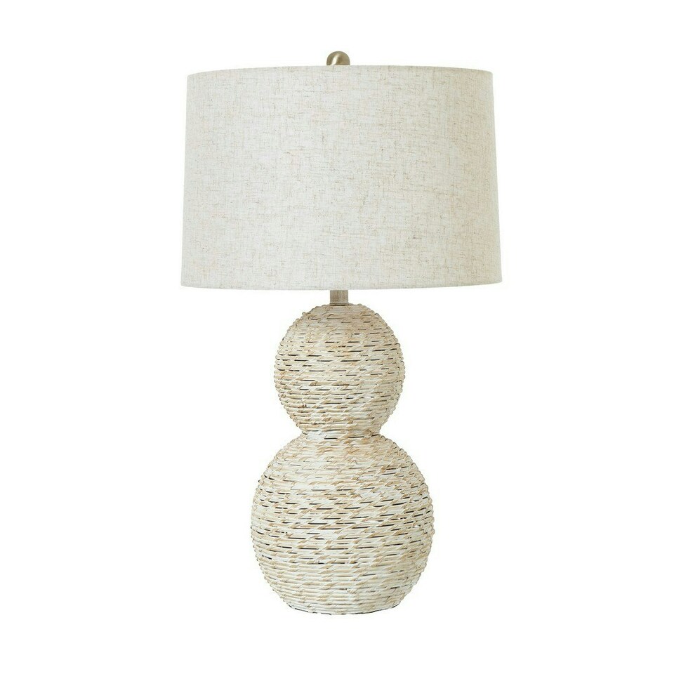 image 1 of White Wash Globe Table Lamp with Linen Shade - Wicker - L43 x W43 x H79 cm - Brown Brown