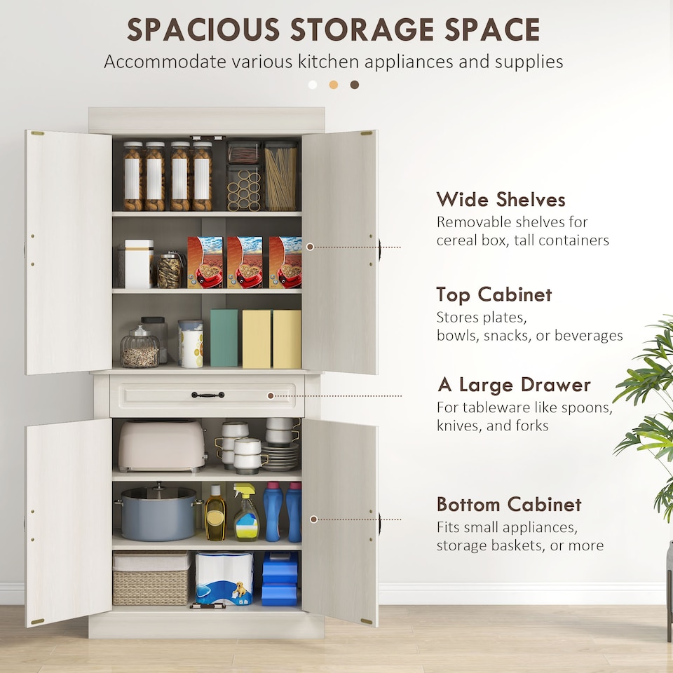 image 1 of HOMCOM Kitchen Cupboard with 4 Doors, Freestanding Storage Cabinet with Wide Drawer and Shelves for Living Room, 180cm, White Wood Grain