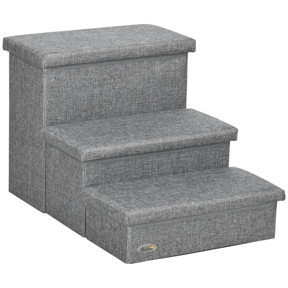 image 1 of PawHut 3 Step Dog Steps with Storage Boxes, Cat Stairs for Bed Sofa, Light Grey
