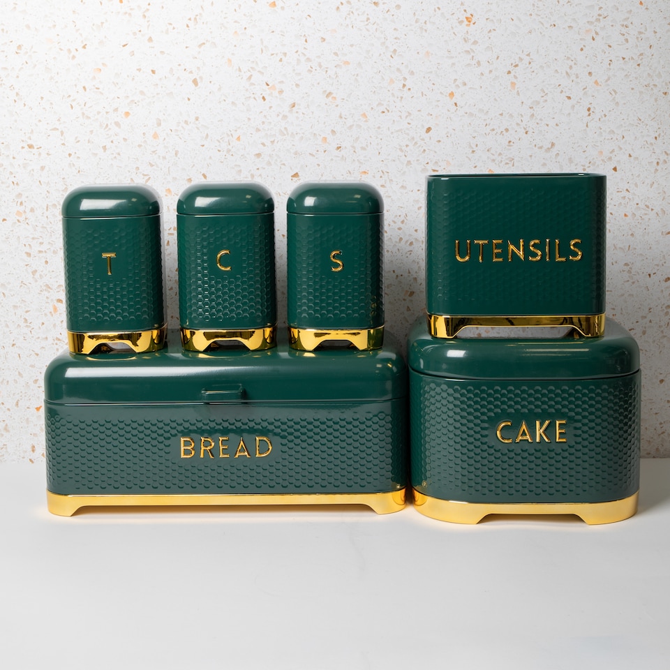 image 1 of 6pc Gift-Boxed Hunter Green Kitchen Set with Tea, Coffee & Sugar Canisters, Utensil Store, Cake Tin and Bread Bin - Lovello
