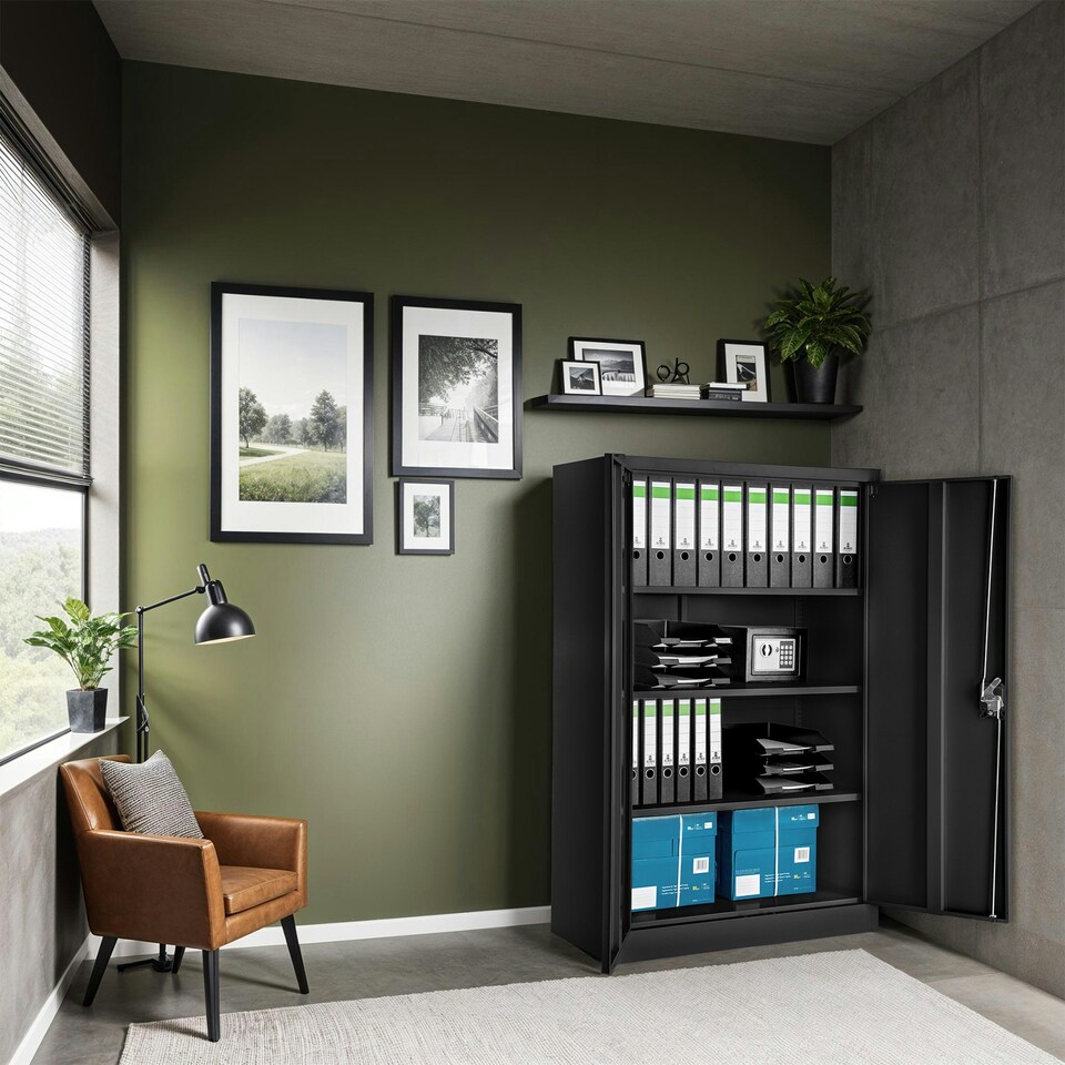 image 1 of Filing Cabinet - 4 adjustable shelves, lockable, 140 x 90 x 40 cm | Black | black | 40 x 90 x 140 cm | 1