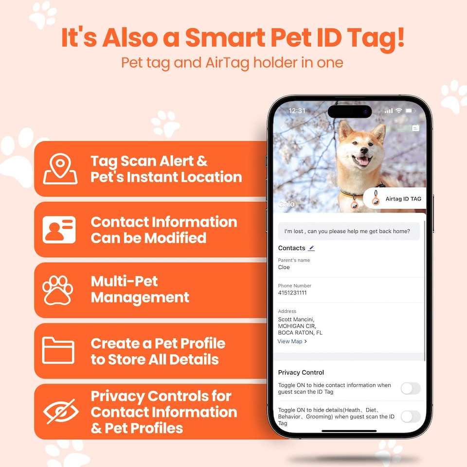 image 1 of AirTag Holder & Collar for Pets GPS Tag & App with Smart QR ID