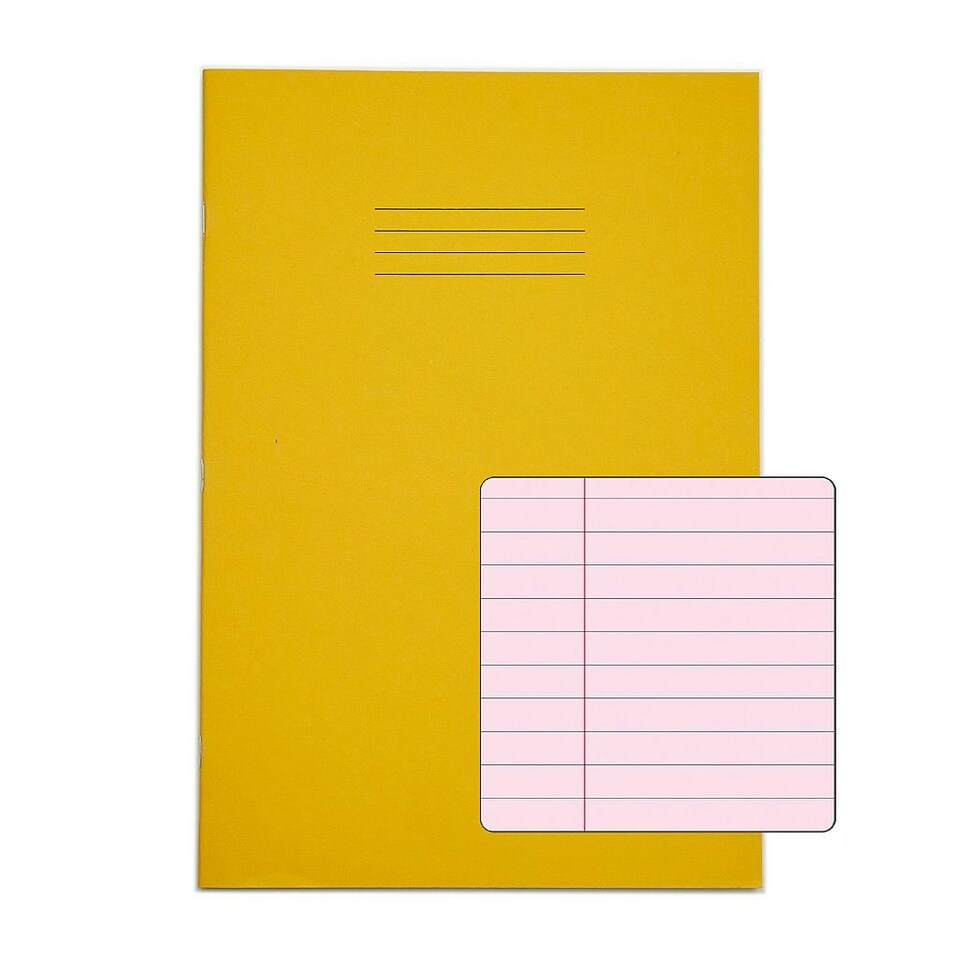 image 1 of Pack of 10 Rhino A4 48 Page Yellow with Pink Tinted Paper 8mm Lined with Margin Exercise Books