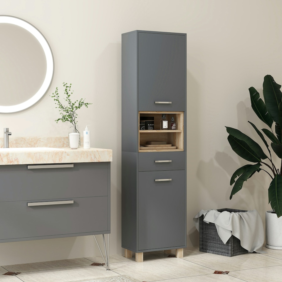 image 1 of HOMCOM Bathroom Storage Unit with Open Shelves and Drawer Grey