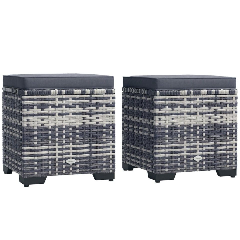 image 1 of Outsunny Set of 2 Rattan Footstool, Storage Ottoman w/ Cushions, Beige | Grey | One size | 1