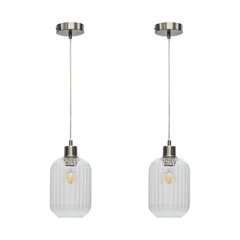 image 1 of Set of 2 Batley - Clear Ribbed Glass with Satin Nickel Pendant Fittings | Clear | Clear | 2