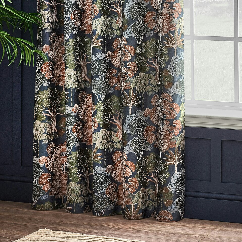 image 1 of Wylder Woodlands Floral Jacquard Navy Eyelet Curtains 168 x 183cm