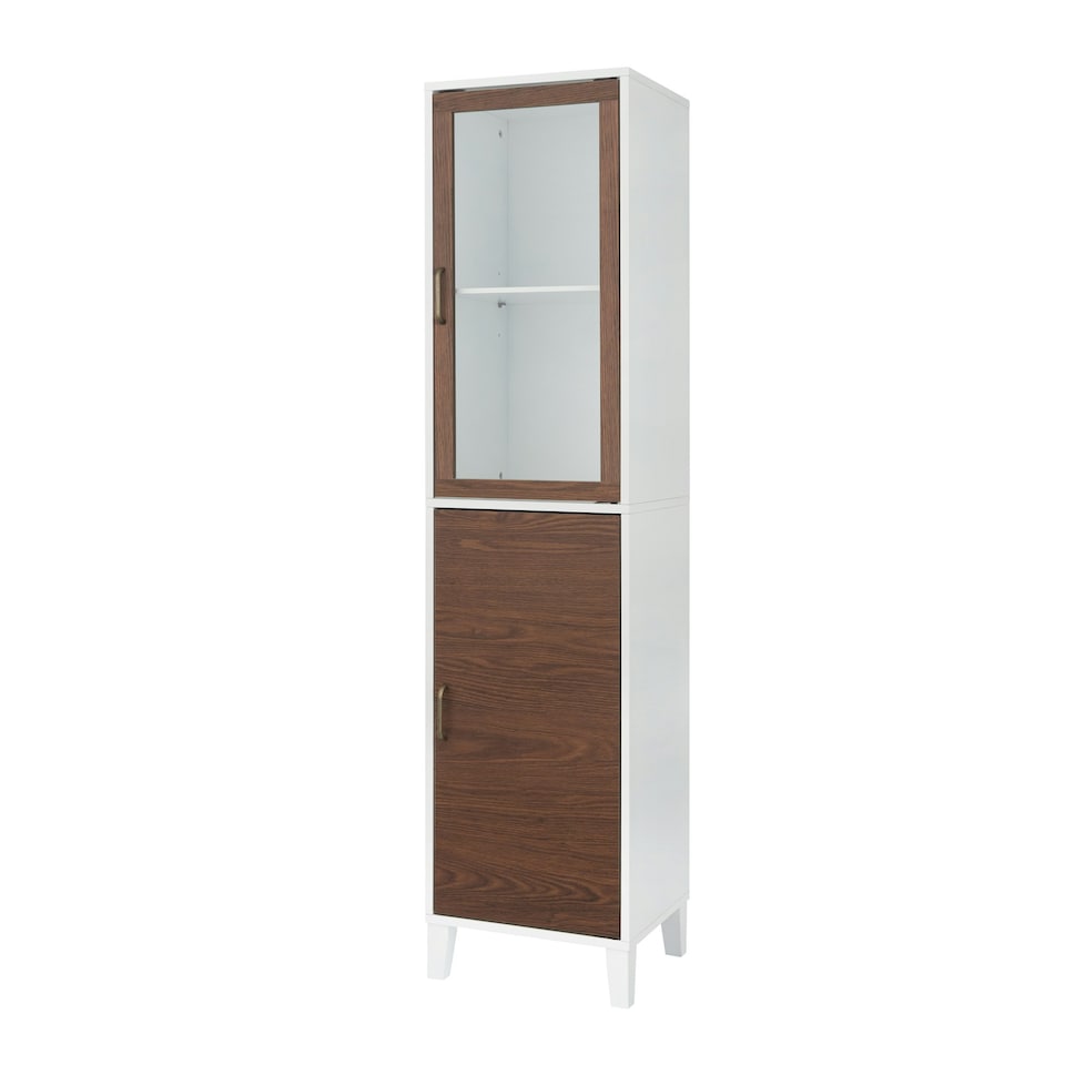image 1 of Teamson Home Tyler Modern Wooden Linen Tower Tall Storage Cabinet with Two Doors, Walnut/White