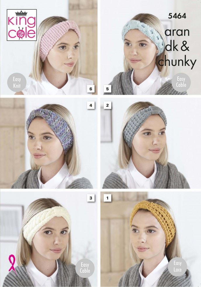 King Cole Aran DK & Chunky Knitting Pattern 5464, Headwear for Women - One Size - Easy