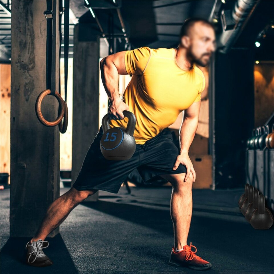 image 1 of Yaheetech 3pcs HDPE Kettlebell Set with Storage Rack 5/10/15lb