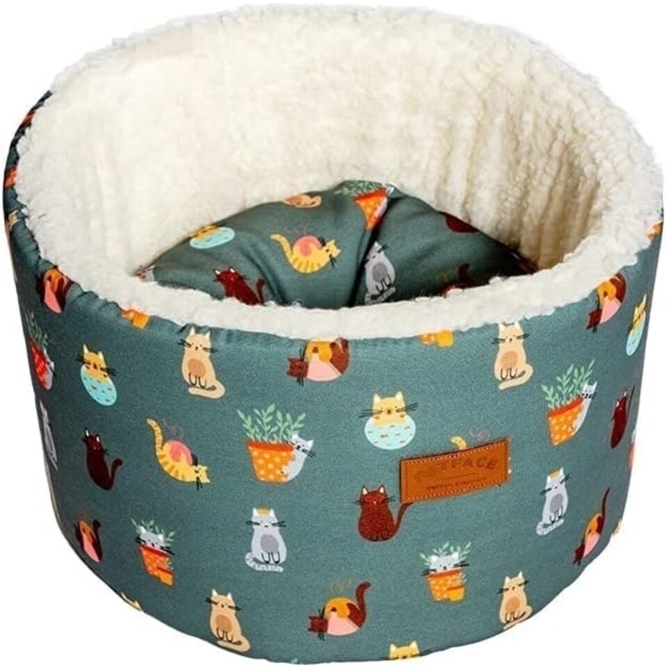 image 1 of Fatface Mischievous Cats Sherpa Fleece Lining Removable Pillow Cat/Kitten Cosy Round Bed 50 cm