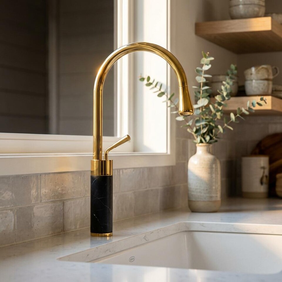 image 1 of Gold/Black Marble Kitchen Sink Tap Bathroom Basin Mixer Bar Standing Faucet