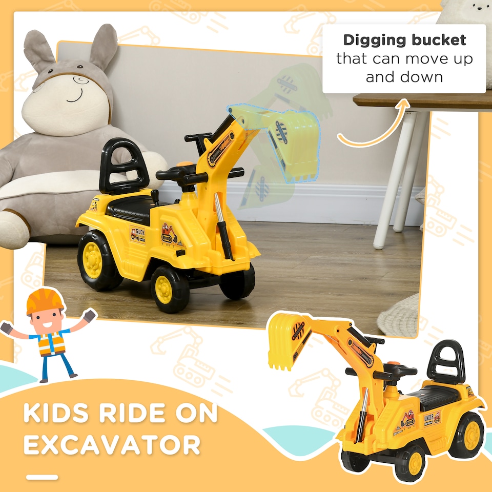 image 1 of HOMCOM Ride On Tractor, 2 in 1 Kids Ride On Digger Pull Cart with Bucket, Under Seat Storage, Horn, High Backrest, Ride On Toy for 1.5-4 Years, Yellow