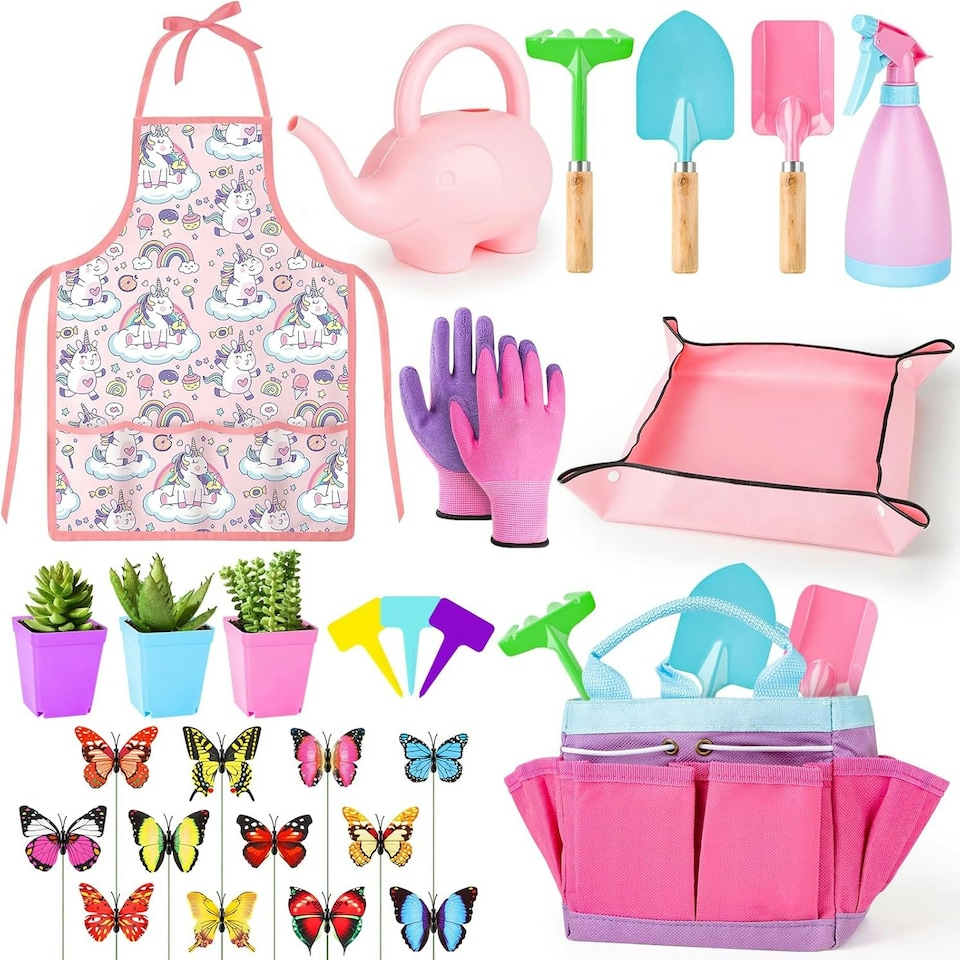 image 1 of Kids Gardening Tool Set – Toddler Garden Toys with Apron, Shovel, Gloves, Watering Can, Tote & Accessories – Outdoor Educational Gift for Boys & Girls