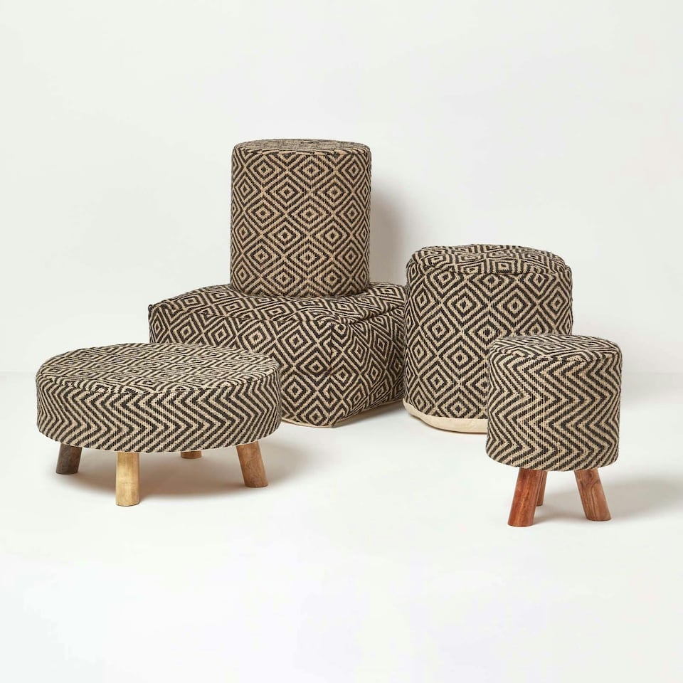 image 1 of Homescapes Black and Cream Aztec Style Jute Footstool Beanbag Round - 45 x 40 cm | Black | 45 x 40 cm
