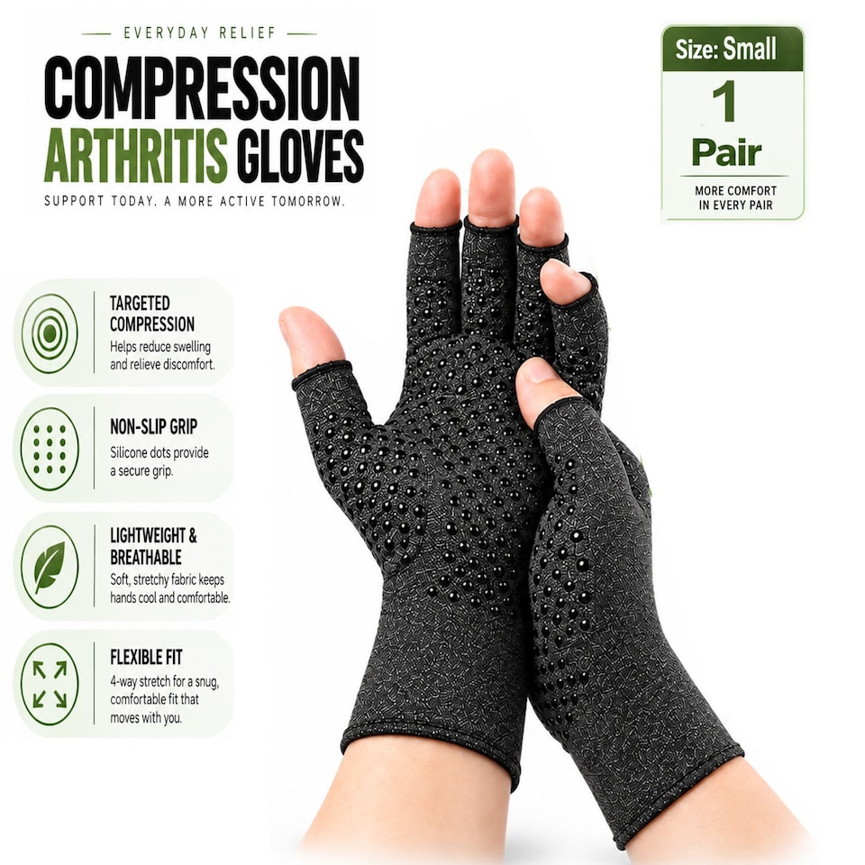 image 1 of Small Fingerless Compression Gloves 1 Pair for Men & Women, Breathable Stretch Support Gloves for Everyday Wear