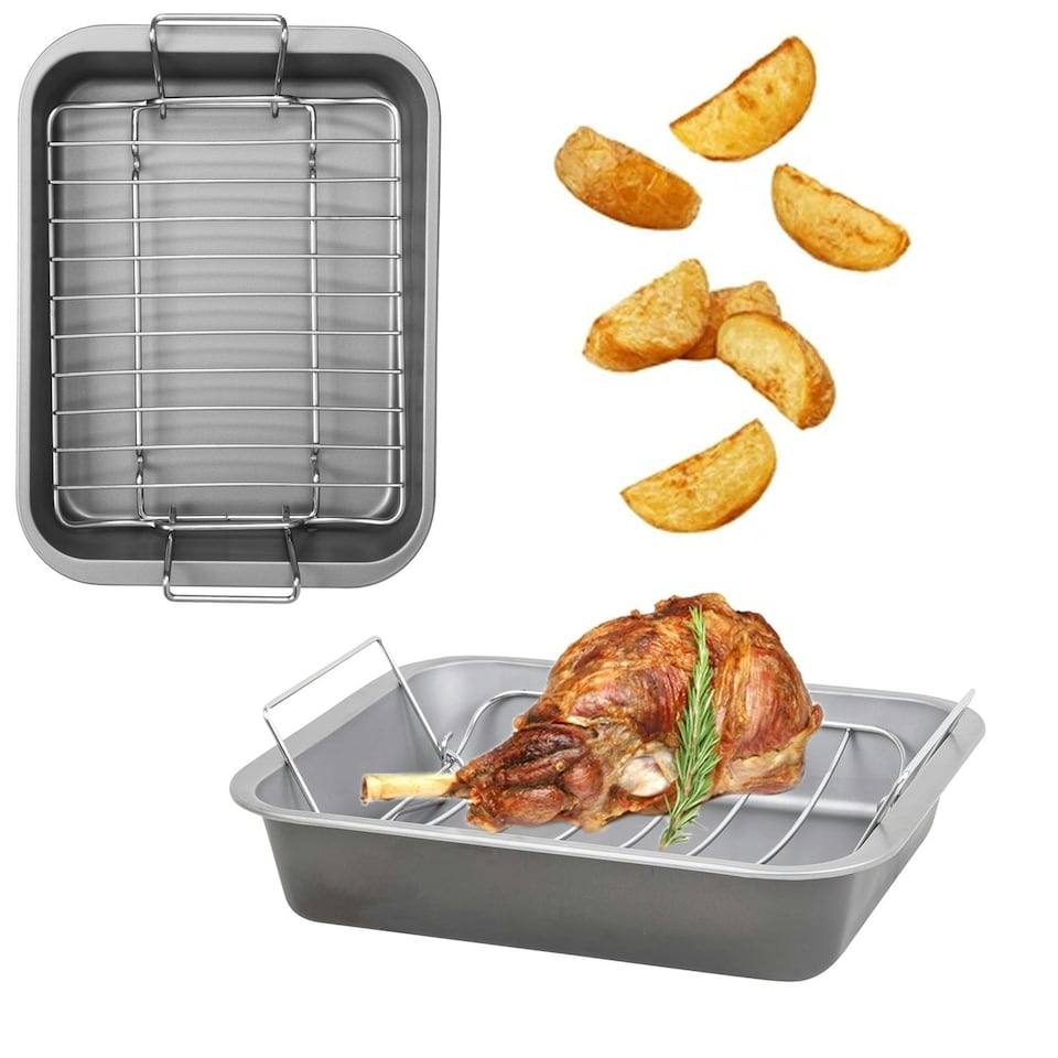 image 1 of Stainless Steel Curved 36cm Non-Stick Deep Roasting Tin & Rack Silver