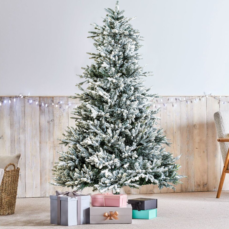 image 1 of Abrihome 7ft Noble Fir Christmas Tree with 1,074 Branch Tips, Snow Covered Artificial Xmas Tree
