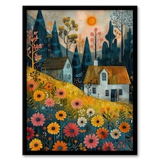Countryside Spring Hill House Daisy Flowers Black Framed Wall Art Print A4
