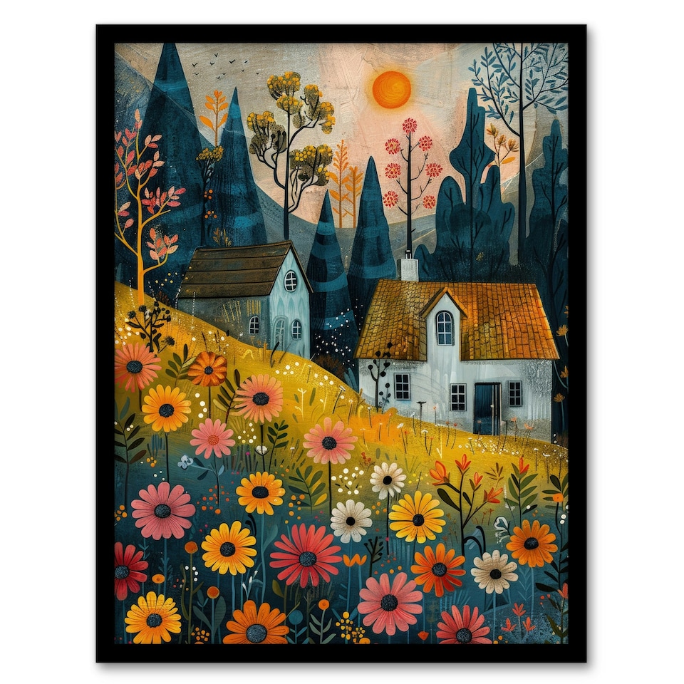 image 1 of Countryside Spring Hill House Daisy Flowers Black Framed Wall Art Print A4