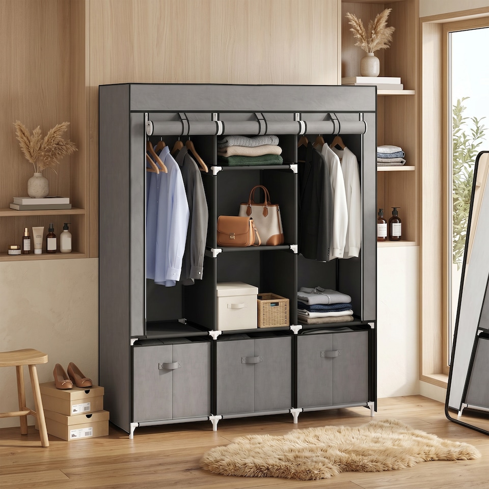 image 1 of HOMCOM Large Fabric Wardrobe Closet 2 Rails, 5 Shelves 3 Drawers, Dark Grey
