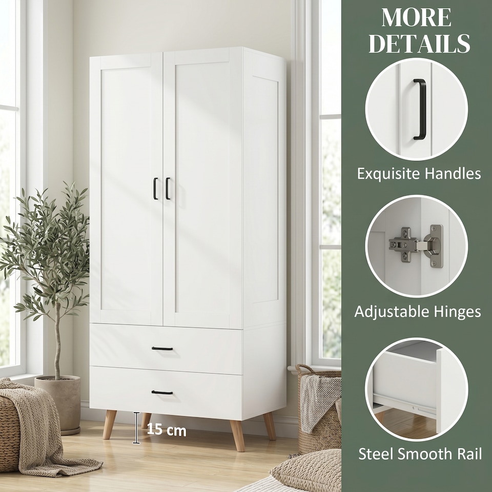 image 1 of HOMCOM Wardrobe with 2 Drawers Hanging Rail, 180 cm Storage Closet, White