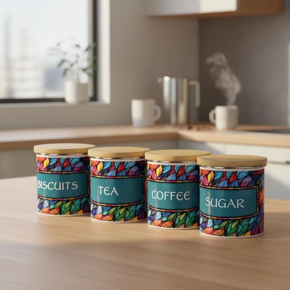 image 1 of Stained Glass Patterned Large Tea Canister