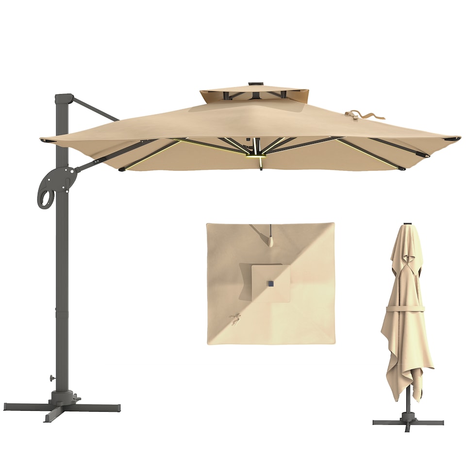 image 1 of Outsunny 3 x 3m Cantilever Roma Parasol Garden Sun Umbrella, Twotier 250g Polyester Sun Shade with LED Solar Light, Aluminium Frame, Cross Base 360 Rotating Khaki | Brown