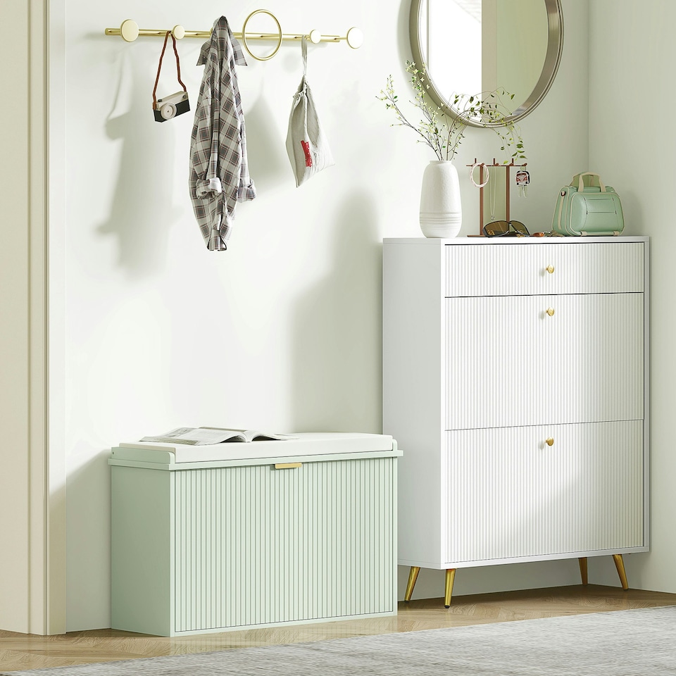 image 1 of HOMCOM Shoe Storage Bench with Cushion and Flip-Drawer | Green