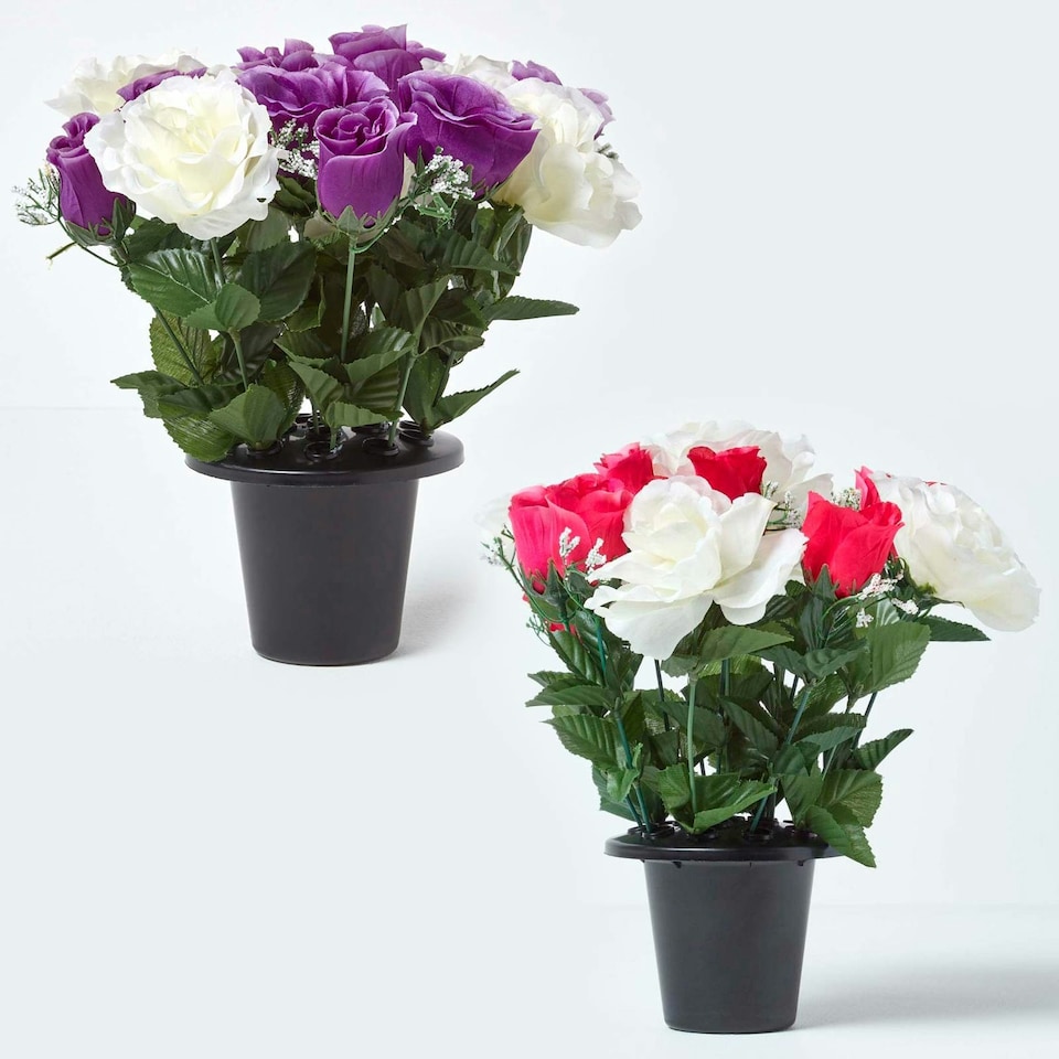 image 1 of Homescapes Set of 2 Pink & Purple Roses Artificial Flowers in Grave Vases