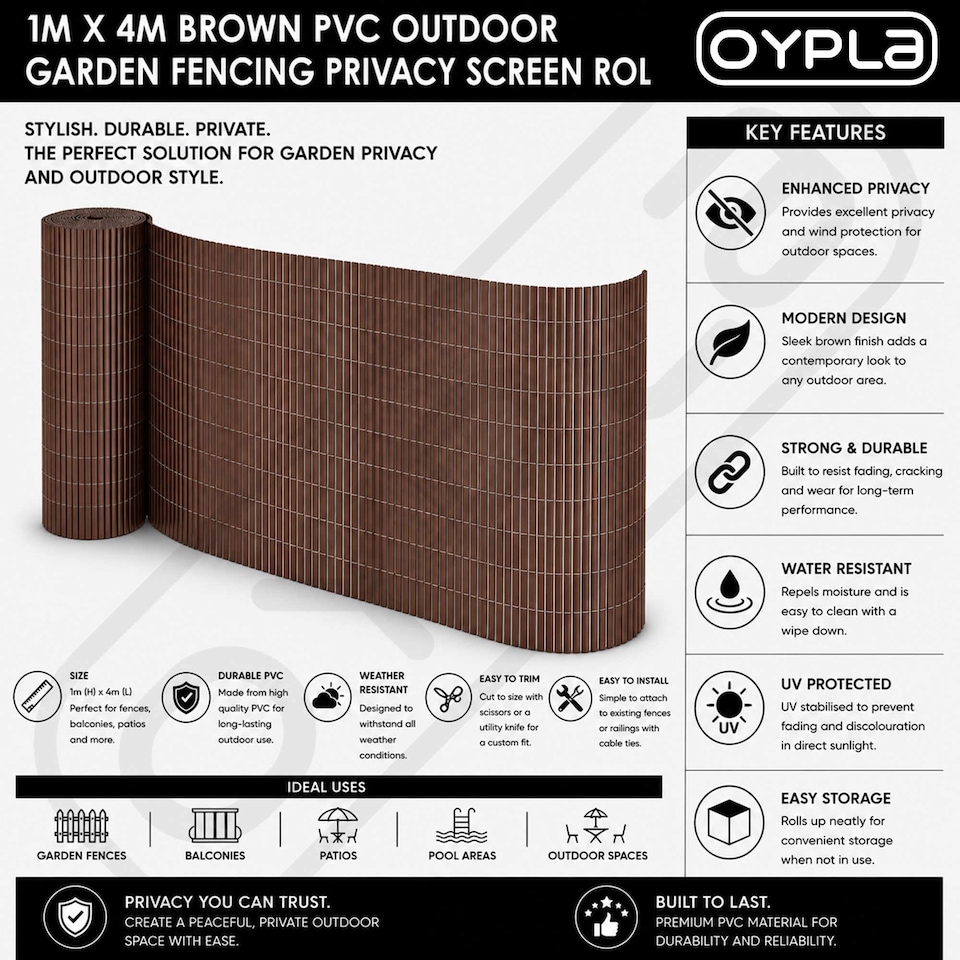 image 1 of 1m x 4m Brown PVC Outdoor Garden Fencing Privacy Screen Roll | Brown | 1
