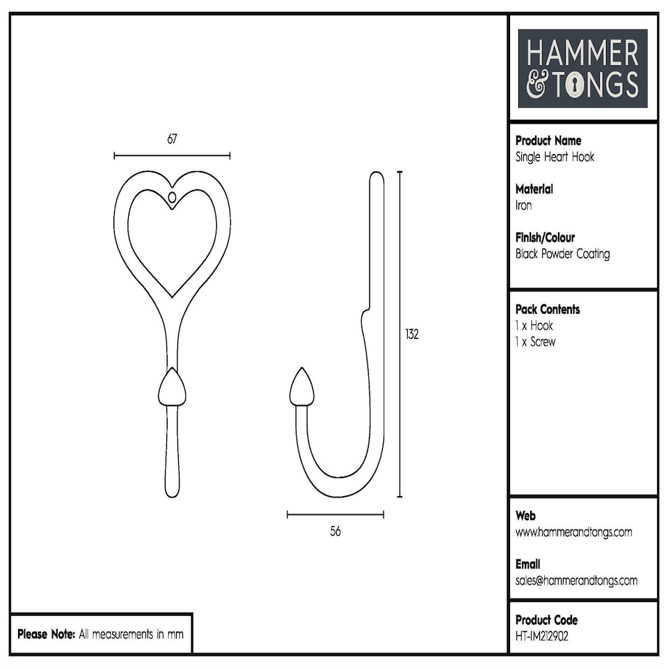 image 1 of Hammer & Tongs Single Heart Hook - W65mm x H130mm - Black