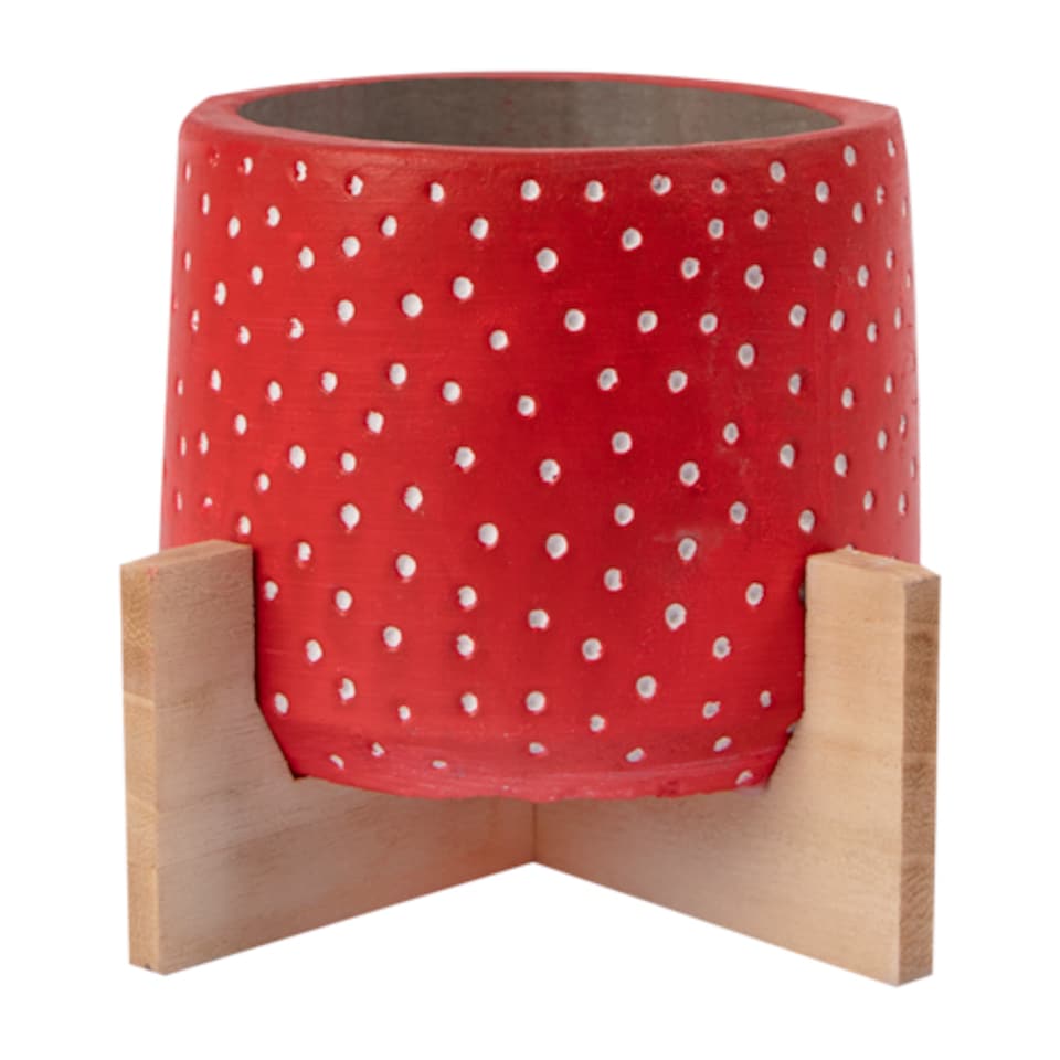 Ceramic Spotty Planter on Wooden Stand | Red | Red | S | 1