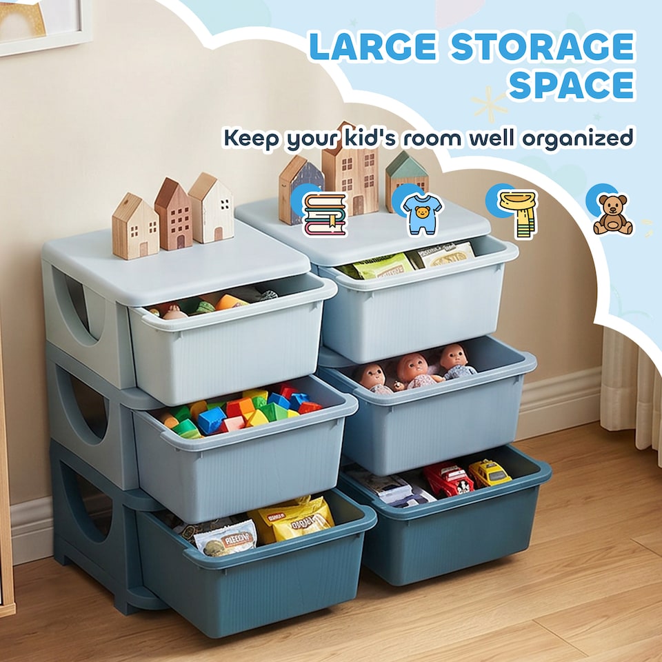 image 1 of HOMCOM Kids Storage Units with Drawers 3 Tier Chest Dresser Tower Blue