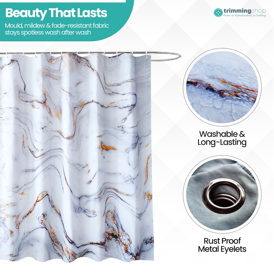 image 1 of White & Grey Marble Polyester Shower Curtain with 12 Hooks - 180x200cm