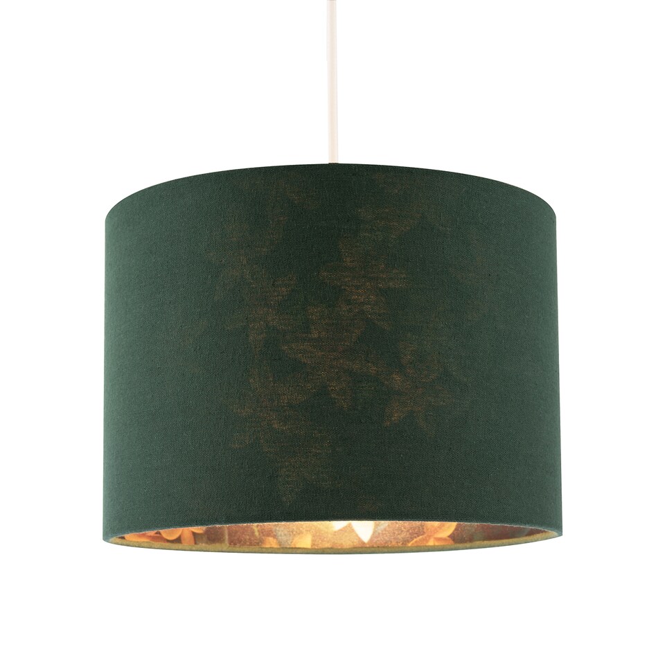 image 1 of Yellow and Green Flowers Round Lamp Shade in Forest Green Linen Fabric | Green | 10"