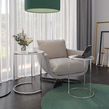 2 Piece Round Nesting Side Tables Set Tempered Glass Top Metal Leg Coffee Tables | Multi | Chrome Legs White Glass