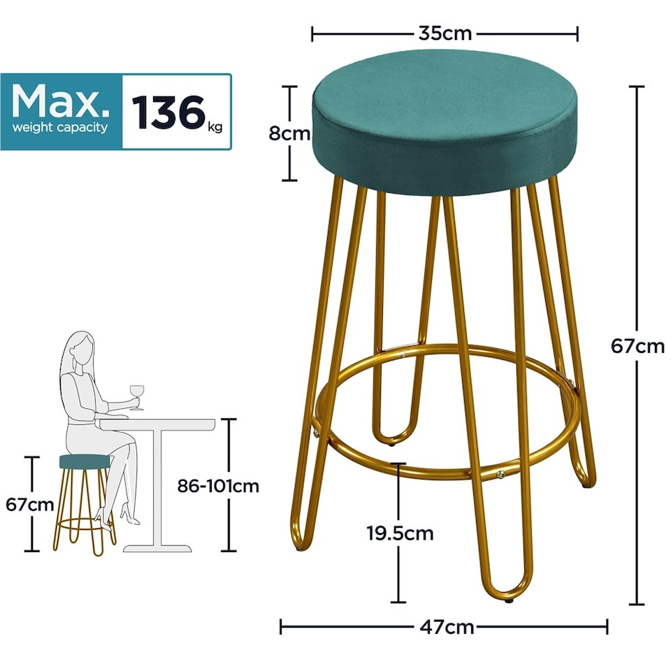 image 1 of Yaheetech 67 cm Tall Upholstered Velvet Counter Stools Blue | Peacock Blue