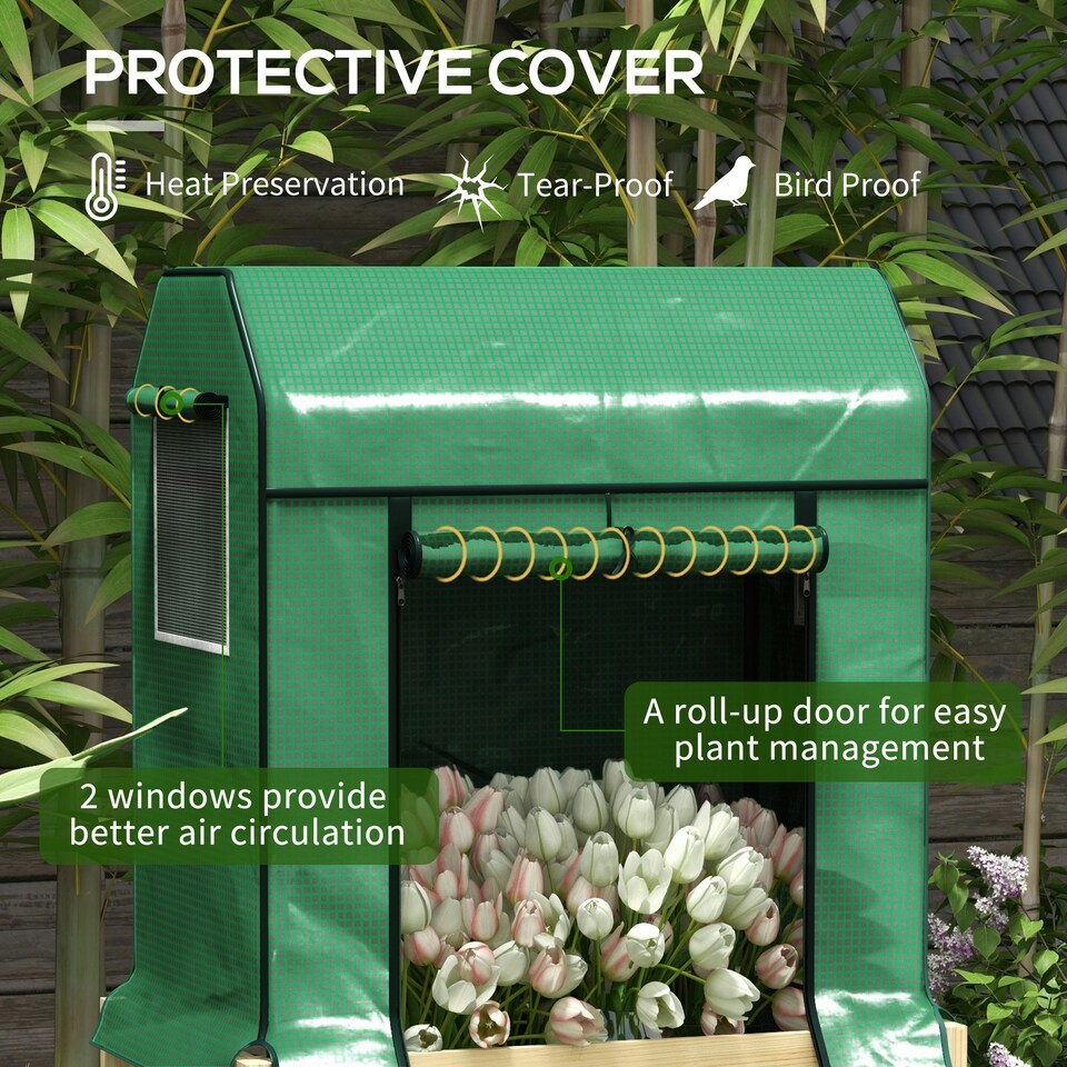 image 1 of Outsunny Wooden Raised Planter with PE Greenhouse Cover and Bed Liner