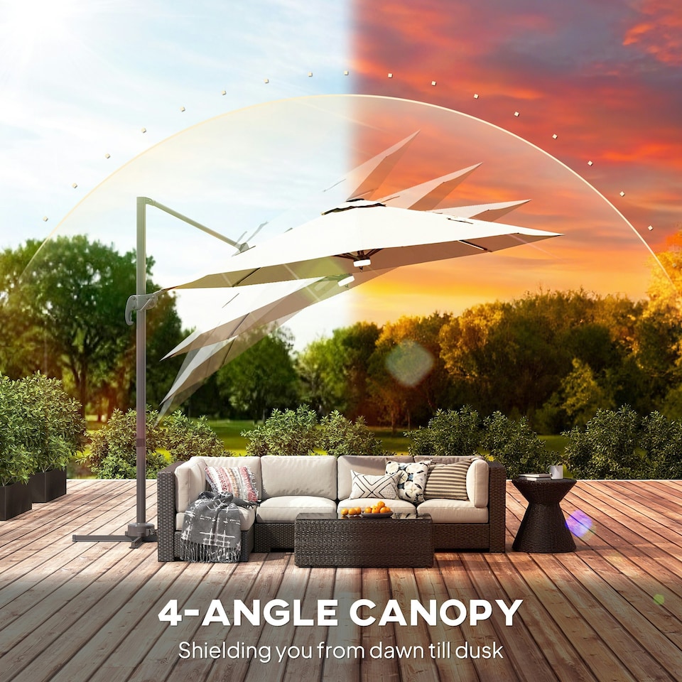 image 1 of Outsunny 3 m LED Cantilever Parasol Outdoor with Base Solar Lights Brown