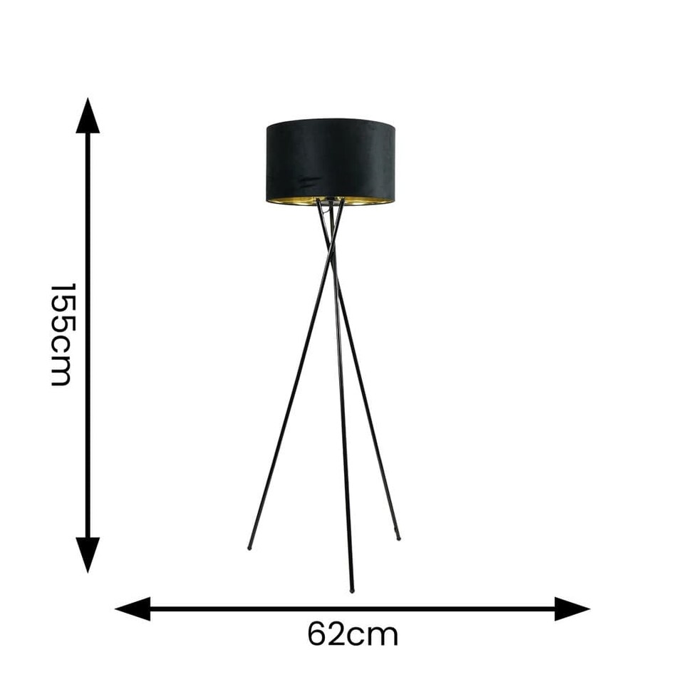 image 1 of ValueLights Camden Black Tripod Floor Lamp Black Velvet & Gold Shade | Black