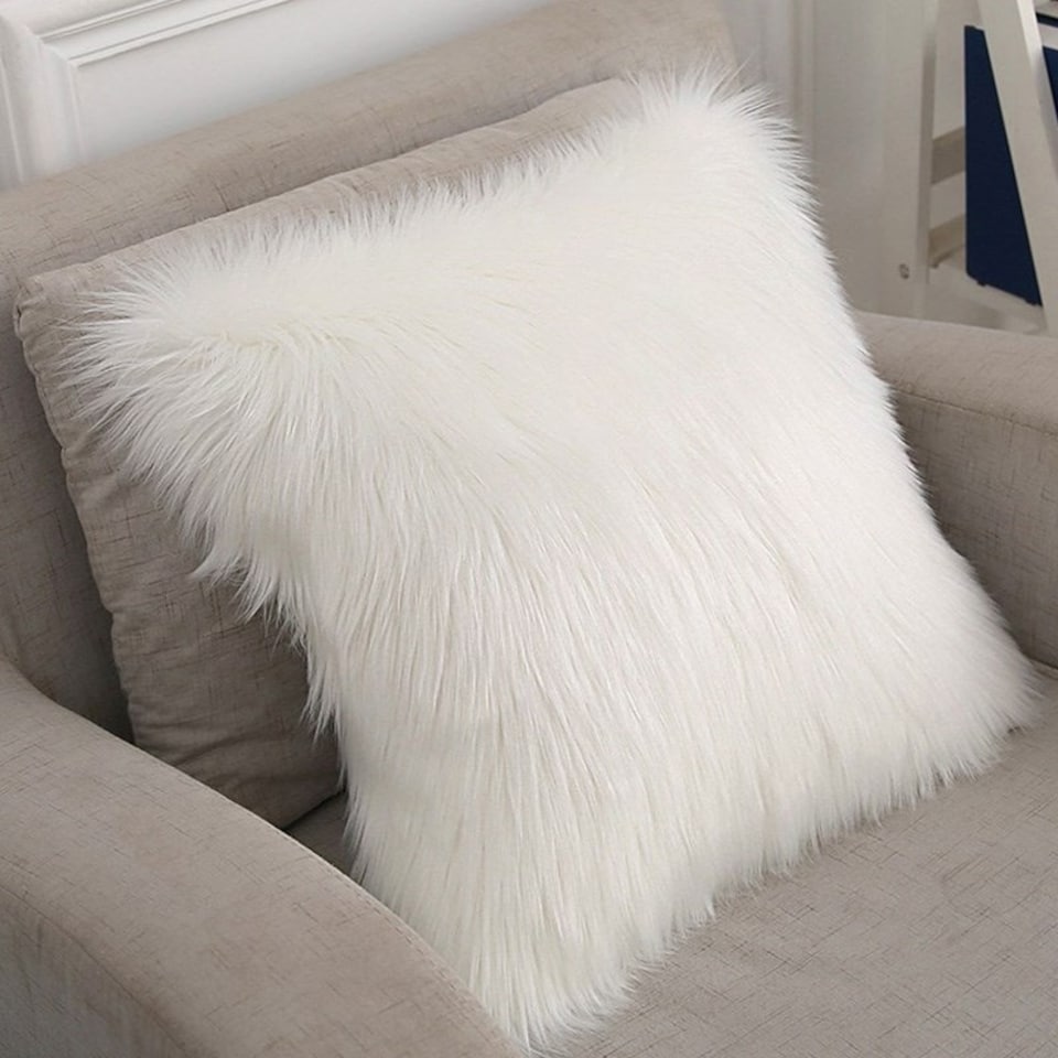 image 1 of Living and Home Square Fluffy Faux Fur Throw Pillow Cover, White, 45cm L x 45cm W