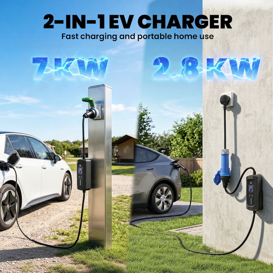 image 1 of HOMCOM EV Charger 7kW Type 2 to CEE 32A Plug with UK Adapter, 10 m, 6-32A