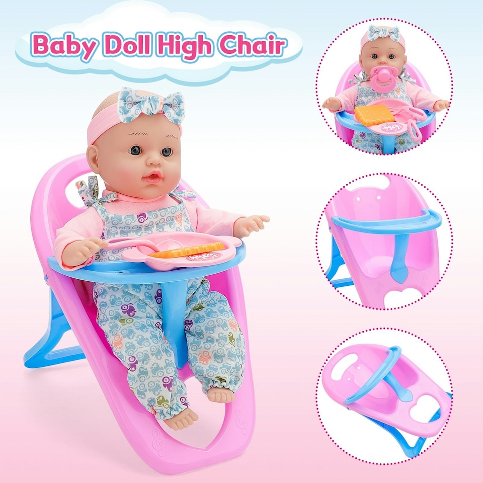 image 1 of 12 inch Baby Doll Feeding Play Set with Stroller High Chair Feeding Set Clothes Storage Bag Pretent Play