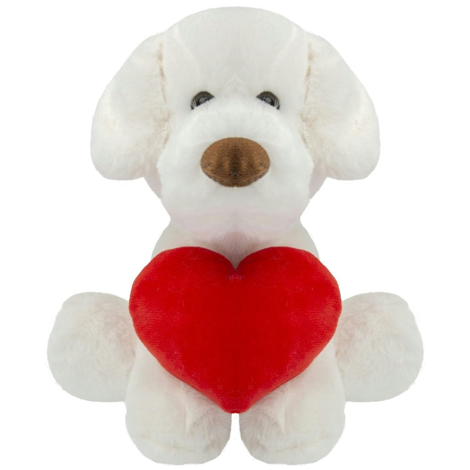 image 1 of Puppy Soft Toy Cream 26cm Puppy Plush With Red Love Heart Cuddly Toy Dog