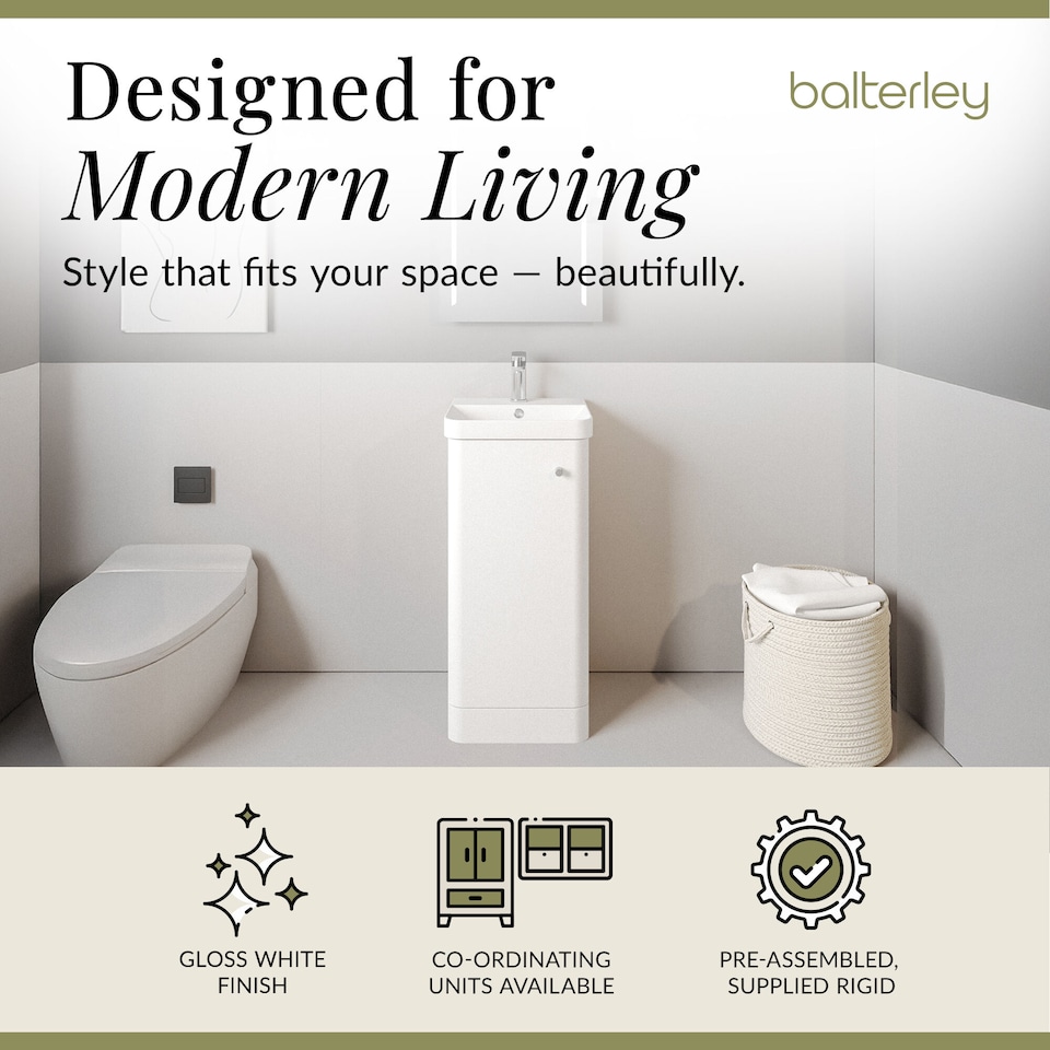 image 1 of Balterley Curve Modern Bathroom Floor Standing 1 Door Vanity Unit Basin | White | Gloss White
