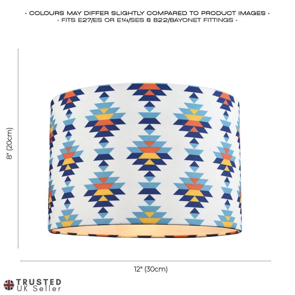 image 1 of Colourful Boho Geometric 12 Inch Drum Lamp Shade in White with Blues and Oranges | Multi | 12"